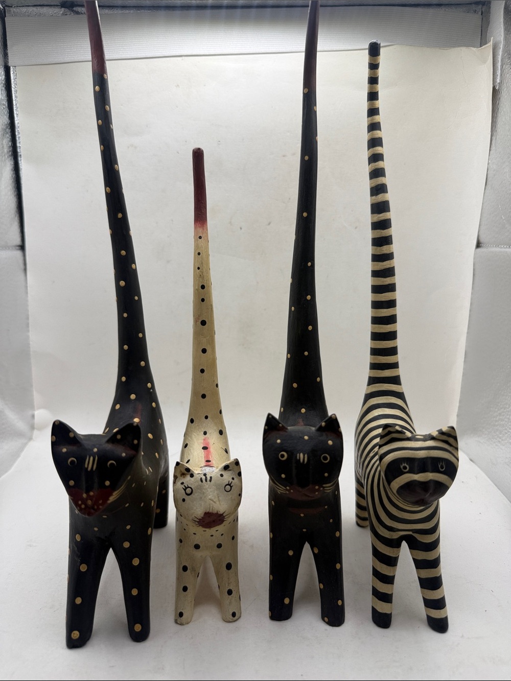 Vtg Hand Carve Bali Wood Long Tail Cat Figurine Set 4 Folk Art Decor Collectible - Picture 3 of 16